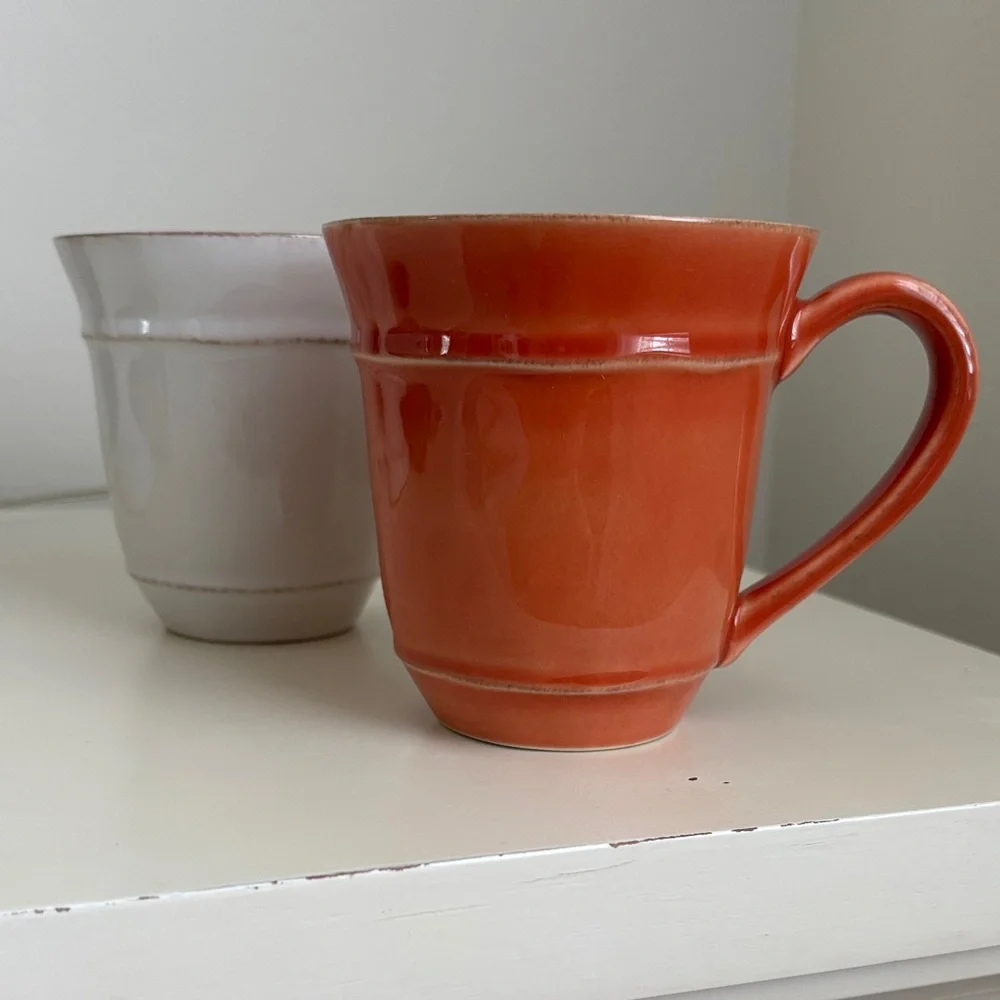 2 Pottery Barn Coffee Mugs Handcrafted in Portugal Terracotta/ Rust White